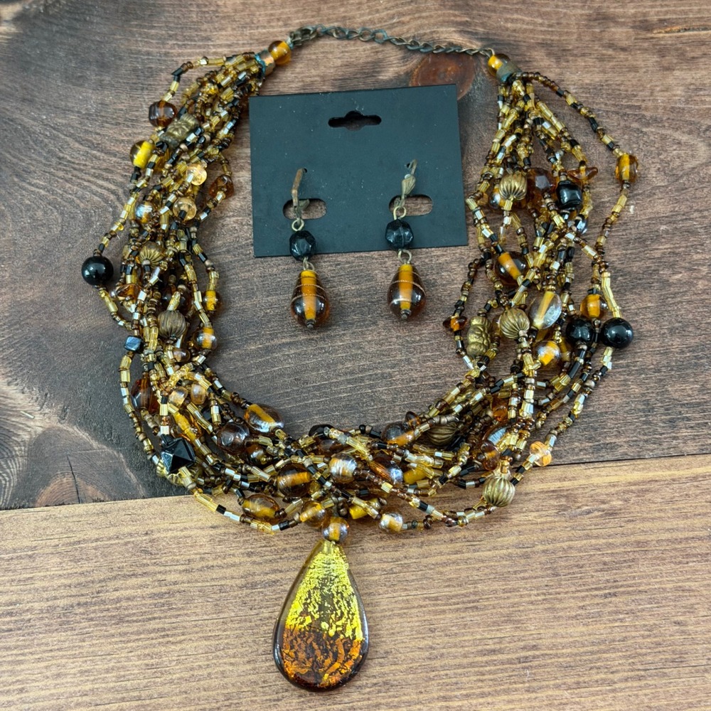 India Handcrafted Multi Strand Amber Glass Bead Necklace and Earring Set Vintage